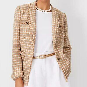 Ann Taylor Plaid Fringe Tweed Blazer